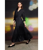 Skies Are Blue Split Tie Neck 3/4 Sleeve Tiered Ruffle Maxi Dress