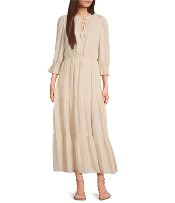 Skies Are Blue Split Tie Neck 3/4 Sleeve Tiered Ruffle Maxi Dress
