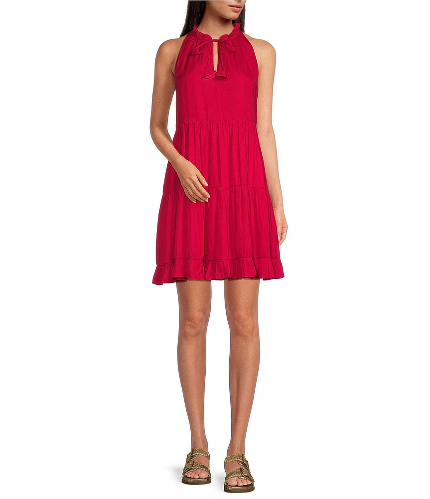 Skies Are Blue Split V-Neck Sleeveless Tiered Mini Dress