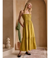 Skies Are Blue Square Neck Smocked Bodice Midi Dress