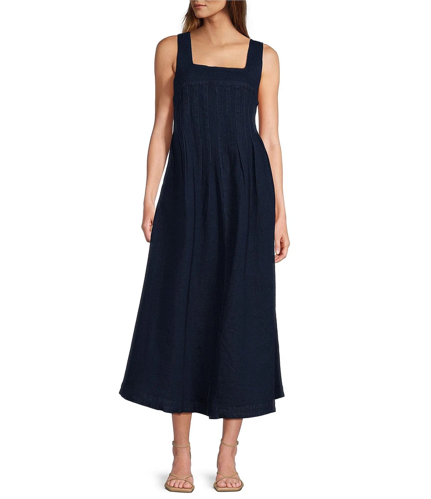 Skies Are Blue Stretch Denim Square Neck Sleeveless Pleated Maxi Dress