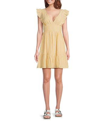Skies Are Blue Stripe Print V-Neck Cap Sleeve Ruffle Mini Dress