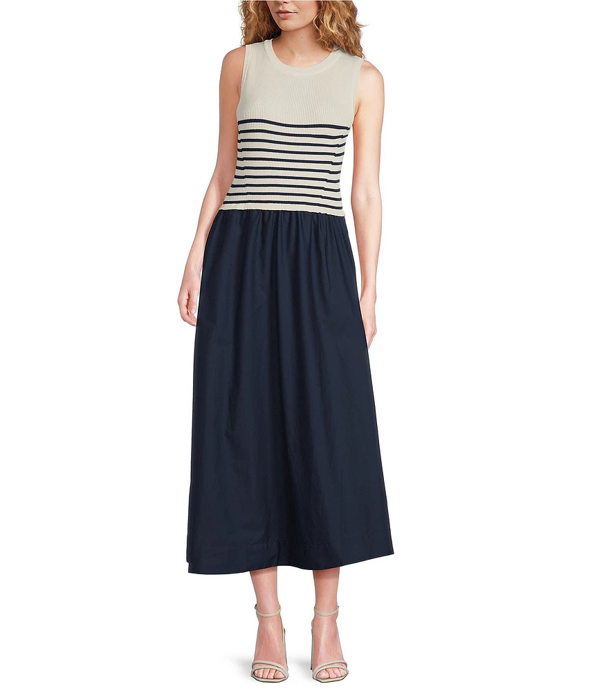 Skies Are Blue Striped Mixed Media Sleeveless Crew Neck Midi Dress