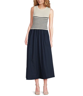 Skies Are Blue Striped Mixed Media Sleeveless Crew Neck Midi Dress