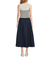 Skies Are Blue Striped Mixed Media Sleeveless Crew Neck Midi Dress