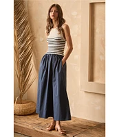 Skies Are Blue Striped Mixed Media Sleeveless Crew Neck Midi Dress