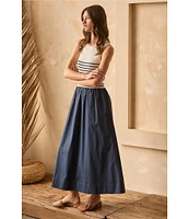 Skies Are Blue Striped Mixed Media Sleeveless Crew Neck Midi Dress