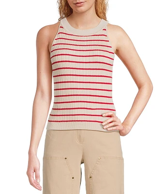 Skies Are Blue Striped Rib Knit High Neck Sleeveless Top