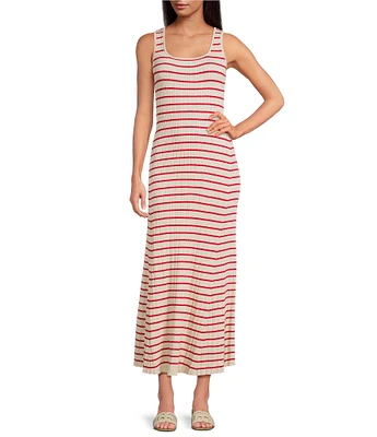 Skies Are Blue Striped Rib Knit Square Neck Sleeves Sheath Maxi Dress