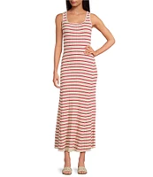 Skies Are Blue Striped Rib Knit Square Neck Sleeves Sheath Maxi Dress