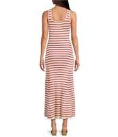 Skies Are Blue Striped Rib Knit Square Neck Sleeves Sheath Maxi Dress