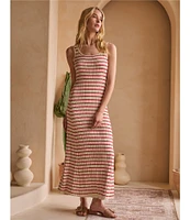 Skies Are Blue Striped Rib Knit Square Neck Sleeves Sheath Maxi Dress