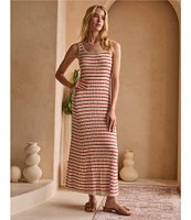 Skies Are Blue Striped Rib Knit Square Neck Sleeves Sheath Maxi Dress