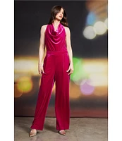 Skies Are Blue Velvet Cowl Neck Sleeveless Wide Leg Jumpsuit