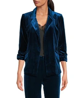 Skies Are Blue Velvet Notch Lapel Open Front 3/4 Ruched Sleeve Coordinating Blazer