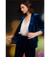 Skies Are Blue Velvet Notch Lapel Open Front 3/4 Ruched Sleeve Coordinating Blazer