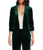 Skies Are Blue Velvet Notch Lapel Open Front 3/4 Ruched Sleeve Coordinating Blazer