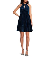 Skies Are Blue Velvet Tiered Halter Neck Sleeveless Front Bow Mini Dress