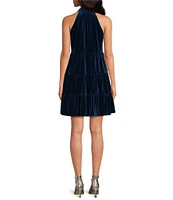 Skies Are Blue Velvet Tiered Halter Neck Sleeveless Front Bow Mini Dress