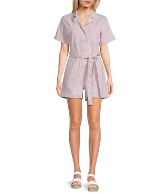 Skies Are Blue Washed Cotton Twill Notch Collar Short Sleeve Button Front Belted Romper