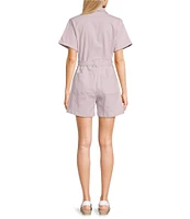 Skies Are Blue Washed Cotton Twill Notch Collar Short Sleeve Button Front Belted Romper