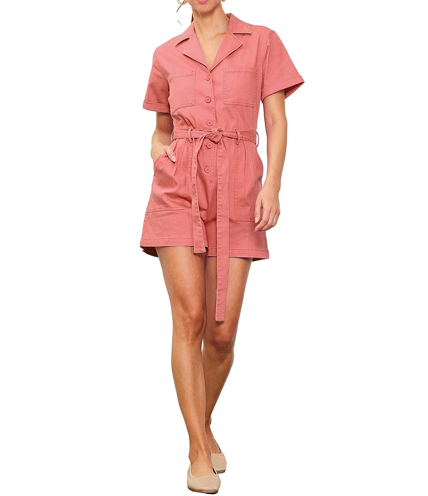 Skies Are Blue Washed Cotton Twill Notch Collar Short Sleeve Button Front Belted Romper