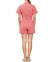 Skies Are Blue Washed Cotton Twill Notch Collar Short Sleeve Button Front Belted Romper
