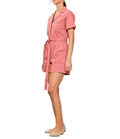 Skies Are Blue Washed Cotton Twill Notch Collar Short Sleeve Button Front Belted Romper