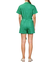 Skies Are Blue Washed Cotton Twill Notch Collar Short Sleeve Button Front Belted Romper