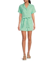 Skies Are Blue Washed Cotton Twill Notch Collar Short Sleeve Button Front Belted Romper