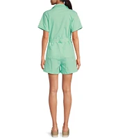 Skies Are Blue Washed Cotton Twill Notch Collar Short Sleeve Button Front Belted Romper