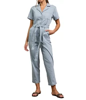 Skies Are Blue Washed Notch Collar Cuffed Short Sleeve Button Front Belted Utility Flight Suit