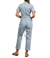 Skies Are Blue Washed Notch Collar Cuffed Short Sleeve Button Front Belted Utility Flight Suit