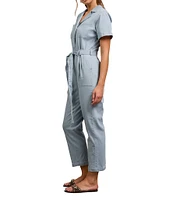 Skies Are Blue Washed Notch Collar Cuffed Short Sleeve Button Front Belted Utility Flight Suit