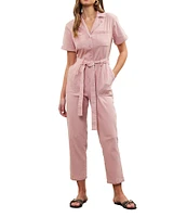 Skies Are Blue Washed Notch Collar Cuffed Short Sleeve Button Front Belted Utility Flight Suit