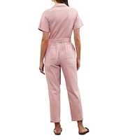 Skies Are Blue Washed Notch Collar Cuffed Short Sleeve Button Front Belted Utility Flight Suit