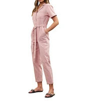 Skies Are Blue Washed Notch Collar Cuffed Short Sleeve Button Front Belted Utility Flight Suit