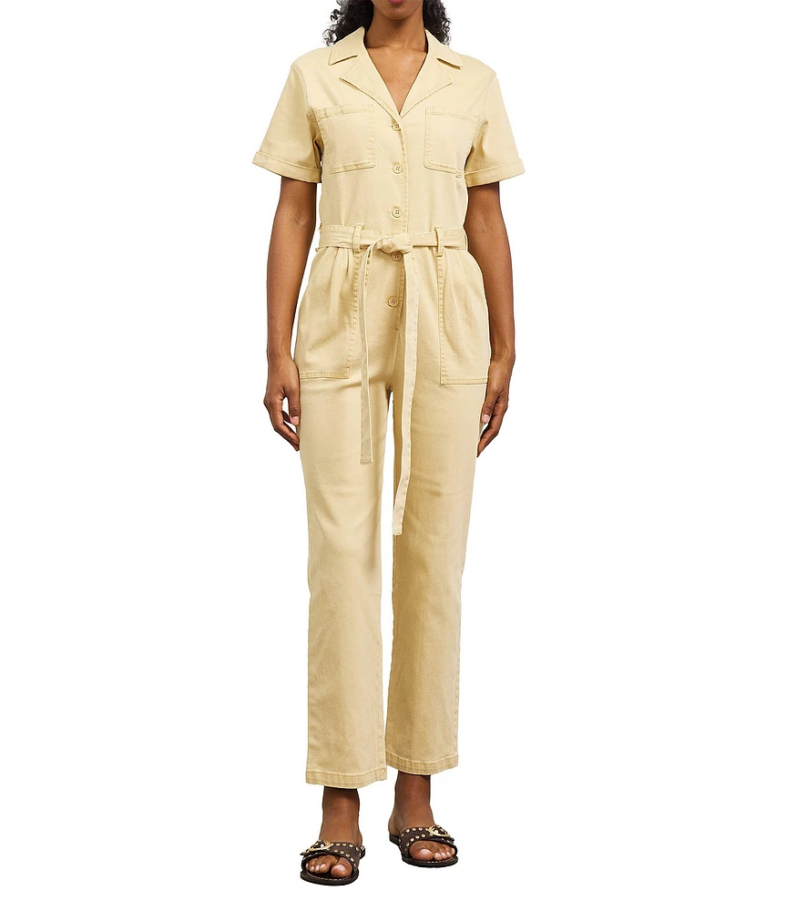 Skies Are Blue Washed Notch Collar Cuffed Short Sleeve Button Front Belted Utility Flight Suit