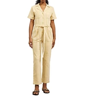 Skies Are Blue Washed Notch Collar Cuffed Short Sleeve Button Front Belted Utility Flight Suit