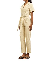 Skies Are Blue Washed Notch Collar Cuffed Short Sleeve Button Front Belted Utility Flight Suit