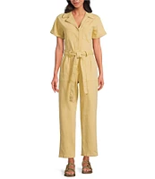 Skies Are Blue Washed Notch Collar Cuffed Short Sleeve Button Front Belted Utility Flight Suit
