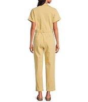 Skies Are Blue Washed Notch Collar Cuffed Short Sleeve Button Front Belted Utility Flight Suit