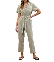 Skies Are Blue Washed Notch Collar Cuffed Short Sleeve Button Front Belted Utility Flight Suit