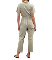 Skies Are Blue Washed Notch Collar Cuffed Short Sleeve Button Front Belted Utility Flight Suit