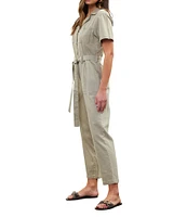 Skies Are Blue Washed Notch Collar Cuffed Short Sleeve Button Front Belted Utility Flight Suit