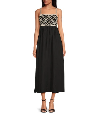 Skies Are Blue Woven Embroidered Top Square Neck Sleeveless Maxi Dress
