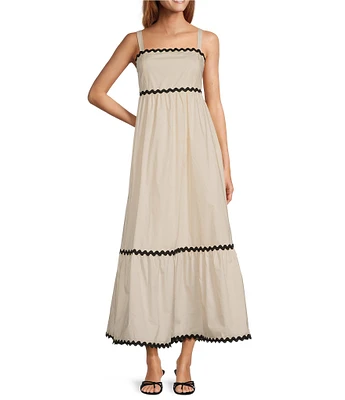 Skies Are Blue Woven Poplin Square Neck Ric Rac Trim Sleeveless Tiered Maxi Dress