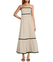 Skies Are Blue Woven Poplin Square Neck Ric Rac Trim Sleeveless Tiered Maxi Dress