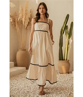 Skies Are Blue Woven Poplin Square Neck Ric Rac Trim Sleeveless Tiered Maxi Dress