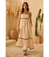 Skies Are Blue Woven Poplin Square Neck Ric Rac Trim Sleeveless Tiered Maxi Dress